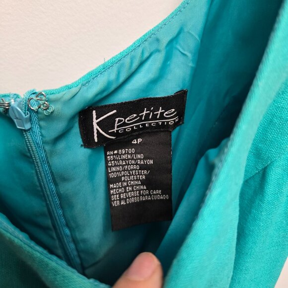 K Petite Teal Linen Blend Midi Dress Size 4P Sleeveless A-Line Blue Aztec Belt - Picture 8 of 12